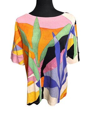 Chico's Shirt Size 2 Large NWT White Pink Short Sleeve Abstract Floral Women